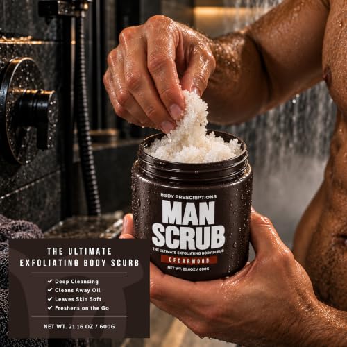 Body Prescriptions Men’s Exfoliating Body Scrub Cedarwood 21 oz – All Skin Types, Twist-Top Jar