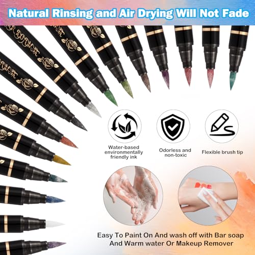 Temporary Tattoo Markers for Skin 15 Body Marker+ 82 Tattoo Stencils,Skin-Safe & Cosmetic Quality,Birthday Gift Ideas