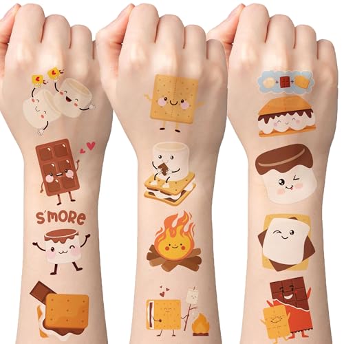 Cute Smores Temporary Tattoos - 144P Marshmallow Temporary Tattoo Stickers for Kids Adults, Valentine's Day Exchange Gifts Cotton Candy Themed Waterproof Decals Party Decorations School Prizes