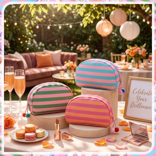 Dopamine Striped Shell Makeup Bag Set - 3 Large Capacity Pouches