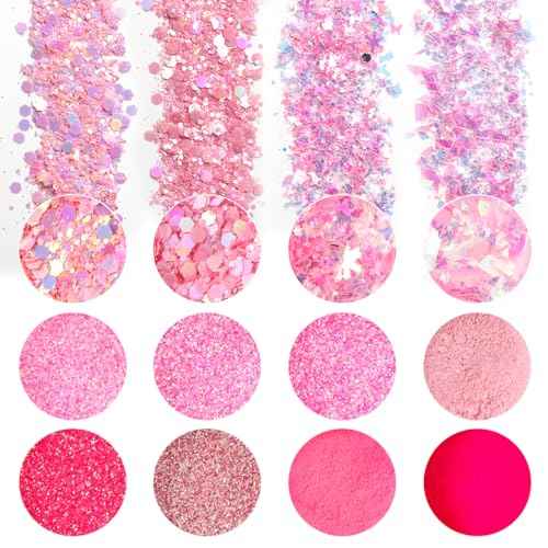 Pink Nail Glitter Powder, 12pcs Nail Art Sequins Dust Set, Holographic Paillette Sparkle Flakes for Acrylic Tips Manicure Decorations
