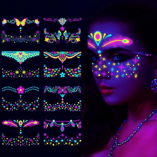 Glow in The Dark UV Temporary Tattoos, 8 Sheet Neon Face Stickers