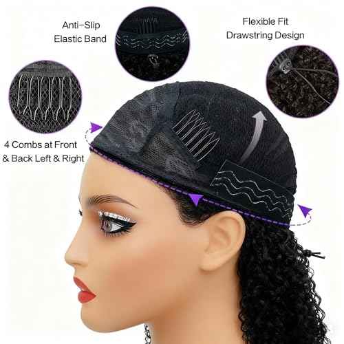 Deep Wave Half Wig Human Hair 3 In 1 Seamless Flip Over Half Wigs 180 Density 26 Inch Drawstring Curly Half Wigs for Women Human Hair Glueless Wear and Go Half Up Half Down Headband Wig Human Hair