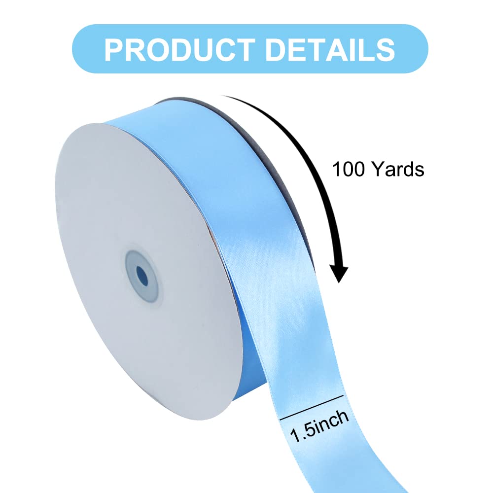 TONIFUL 1-1/2 Inch (40mm) x 100 Yards Sky Blue Wide Satin Ribbon Solid Fabric Ribbon for Gift Wrapping Chair Sash Valentine's Day Wedding Birthday Party Decoration Hair Floral Craft Sewing