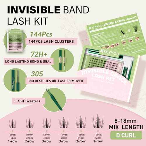KEYYOU Fairy Lash Clusters Kit, Manga Eyelash Extension Kit at Home, 144pcs D Curl Wispy Natural Invisible Band Lash with Waterproof Lash Extensions Kit (Fairy-D-8-18MIX)