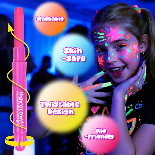 10 Glow in the Dark Face Paint Sticks under UV Light, Kids Easter Basket Stuffers, Washable Neon Body Paint Crayons, Mess-Free Black Light Paint for Glow Party Supplies Makeup Trendy Gifts