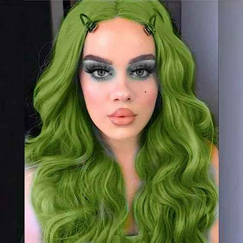 Green Lace Front Wig Body Wave Glueless Lace Wigs Olive Green Long Curly Wavy Pre Plucked Natural Wig Synthetic Heat Resistant Fiber Hair Colorful Wig for Women Daily 24 Inch