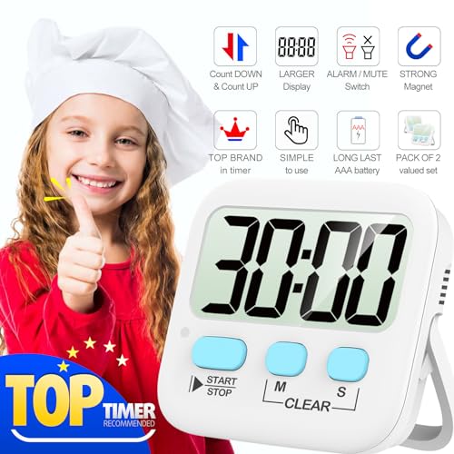 Antonki Timer, 2 Pack Timer for Kids, Kitchen Timers, Digital Timer for Cooking, Egg Timer, Classroom Timer for Teacher, Magnetic Countdown Timer for Exercise, Study, Oven - Battery Included