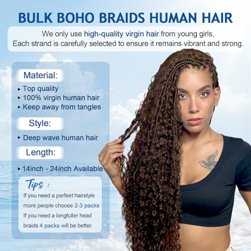 Chocolate Brown Human Braiding Hair 14 Inch Deep Wave Bulk for Boho Braids - 110g
