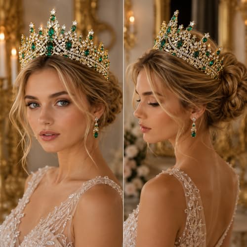 Gold Green Queen Crown Rhinestone Tiara for Women