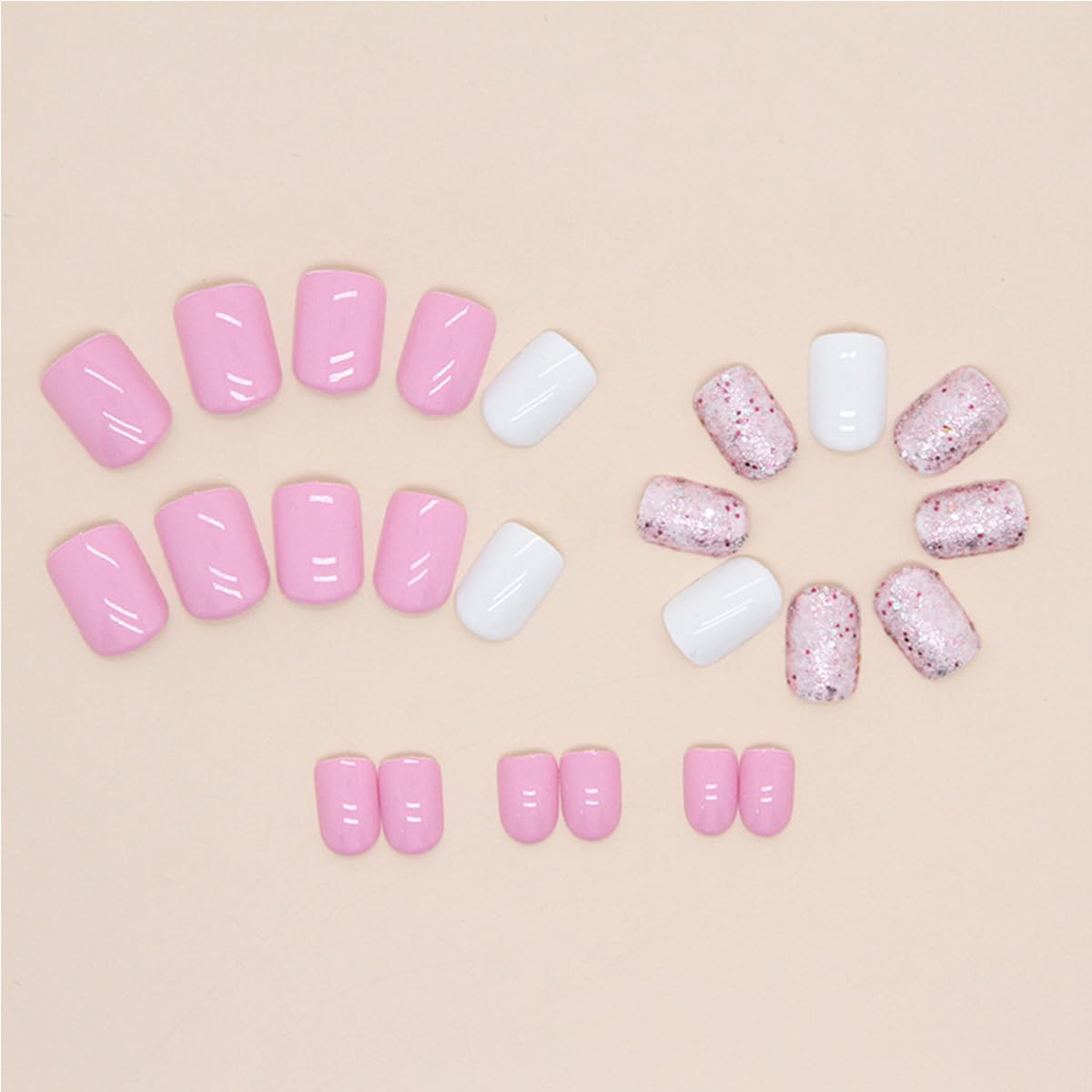 24 Pcs Pink Press on Nails Short Square Fake Nails with Glitter Design Pink White False Nails Glue on Nails Glossy Acrylic Nails Supplies for Women Girls Nails Decoration