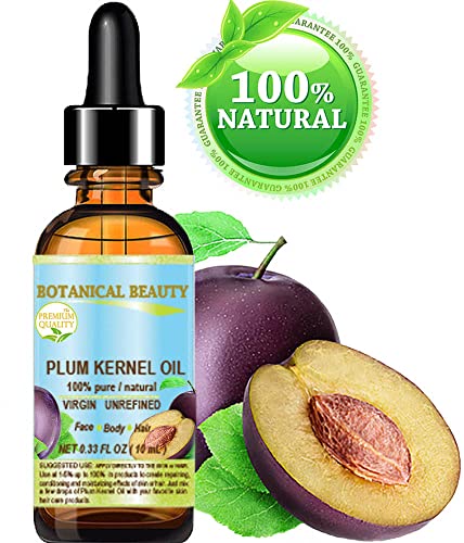 Botanical Beauty French PLUM KERNEL OIL 100% Pure Natural Virgin Unrefined Cold Pressed Carrier Oil 0.33 oz- 10 ml for Face, Skin, Hair, Lips, Nails. Skin SuperFood. Face moisturizer Oil