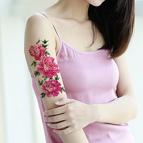Temporary Tattoos Pink Peony Flower Waterproof Large Transfer Tattoos for Women 5 Sheets