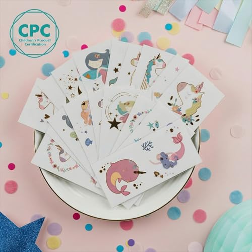 PapaKit Unicorn Temporary Tattoos for Kids - 36 Designs, 18 Sheets