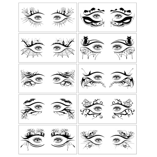 Halloween Eye Shadow Stickers 10 Pairs, Spider Bat Pumpkin 3D Tattoos