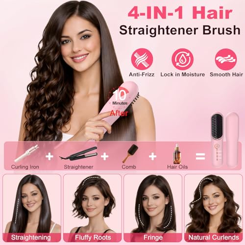 Cordless Hair Straightener Brush - Portable Ionic Frizz-Free Styling