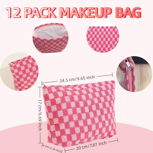 12 PACK Checkered Makeup Bags Bulk-Easter Gifts/Bulk Cosmetic Bags/Large Bridesmaid Gifts/Makeup Pouch for Wedding Party Favors Birthday/Teacher/Mothers Day Gifts/Toiletry Travel Bags(12, Pink)