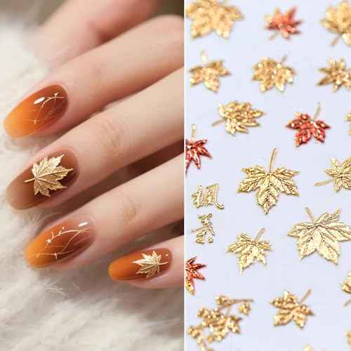 1 Sheet Fall Nail Stickers for Nail Art Autumn Maple Leaves Nail Decals 5D Embossed Thanksgiving Day Gold Maple Leaf Nail Art Supplies Red Leaf Nails Accessories for Women Acrylic Nails Decoration
