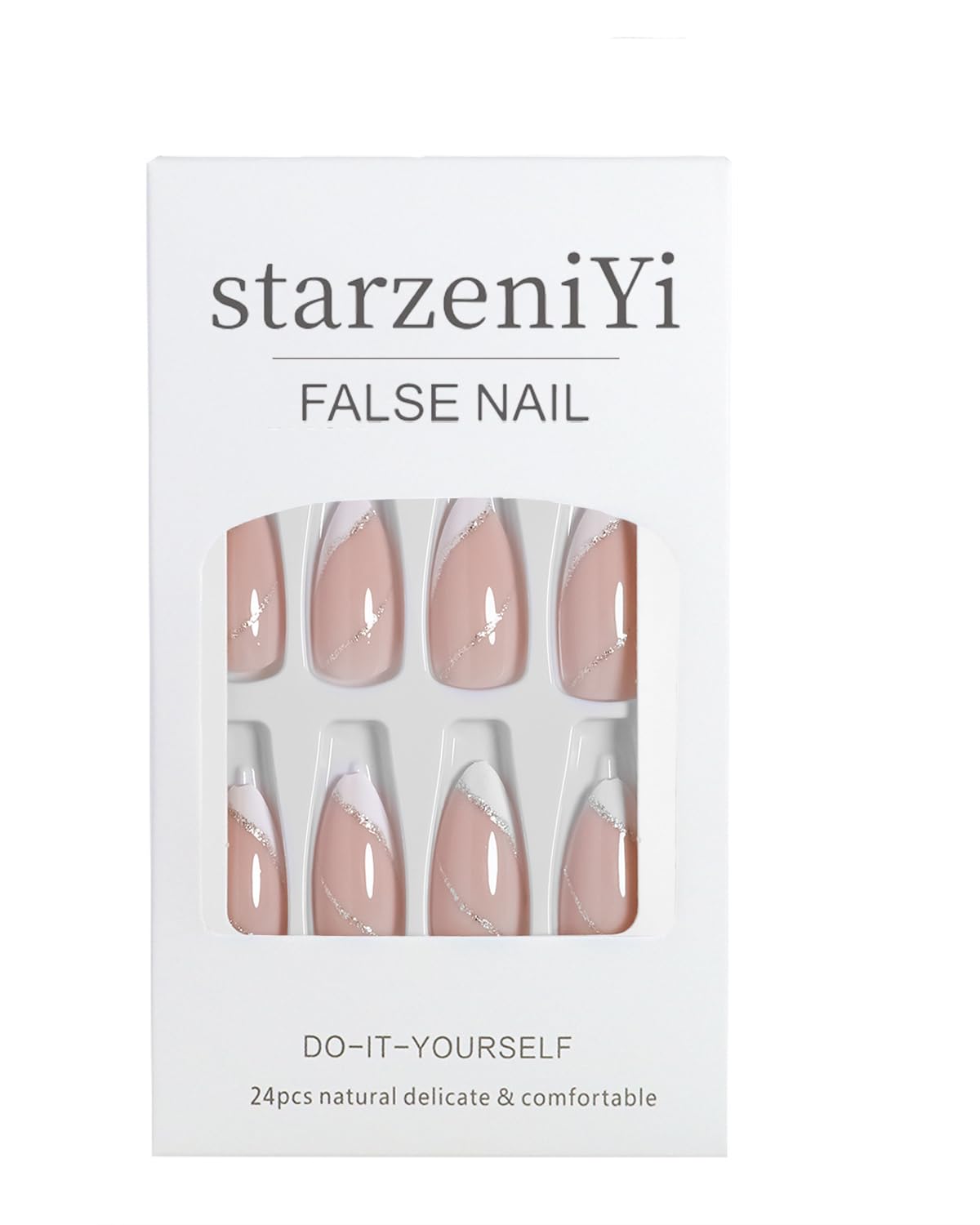 StarzeniYi French Tip Press on Nails, Almond Press on Nails Medium, Reusable Artificial Fake Nails, Full Cover False Nails for Women(White Gold）