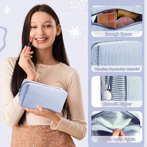 Giesiery Navy Blue Small Seersucker Cosmetic Bags Set of 8 - Travel & Makeup Pouches