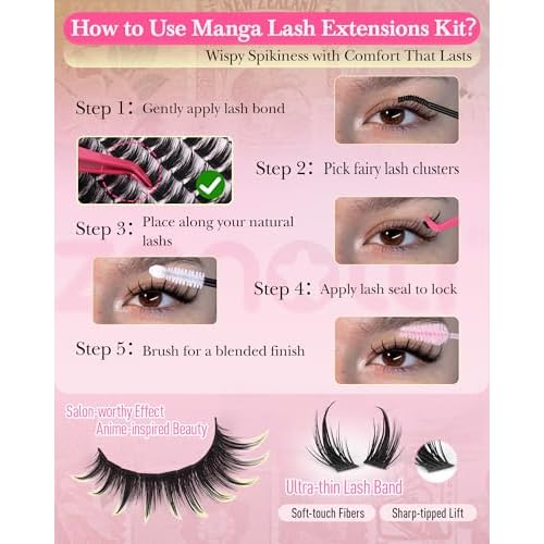 Manga Lash Clusters Kit Wispy Natural Eyelash Clusters Kit Anime Lashes Cluster 192PCS Fairy Cosplay Individual Lashes Extension Kit DIY Eyelash Extensions at Home 10-16MM by zenotti