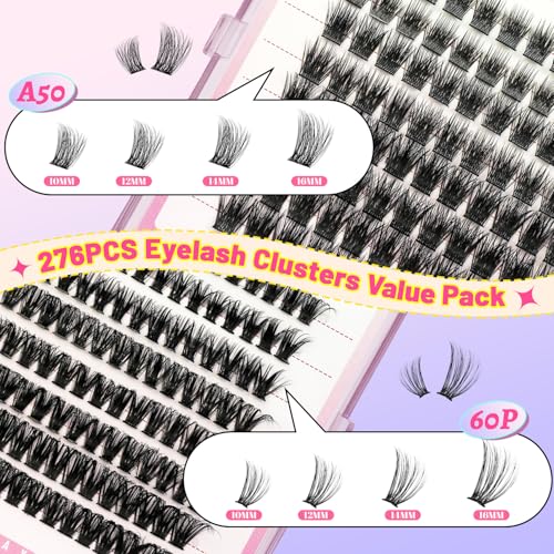 Lash Extension Kit A50+60D Fluffy Lash Clusters Kit D Curl Thick Cluster Eyelashes Extensions 10-16mm DIY Individual Lashes Natural Eyelash Clusters Kit with Lash Bond and Seal Waterproof