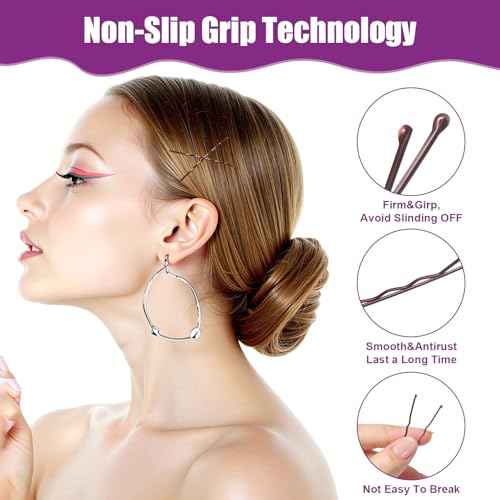 300 Pack Brown bobby pins for women, 4 Assorted Sizes of Large and Small Premium Bobby Pins + U Shaped Hair Pins for Buns, Updo Style - Non Slip Secure Hold(Brown)