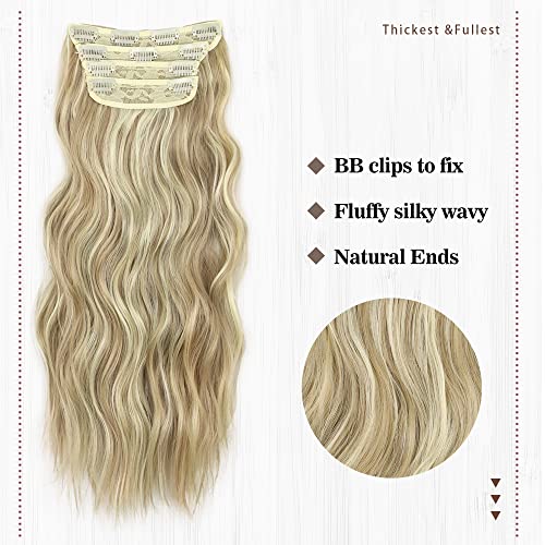 QGZ Clip in Long Wavy Hair Extensions Synthetic 4PCS Thick Hairpieces for Women 20 Inch Long Fiber Hair Extension for Daily Party Use (Ash Blonde mixed Platinum Blonde) …