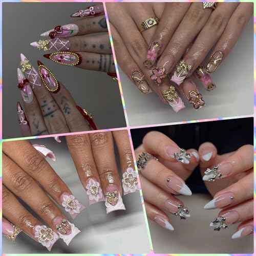 100Pcs Gold Nail Charms and Gems Charms for Nails Design Gold Charms for Nails Metal Bow Cherry Butterfly Cross Heart Star and Flowers