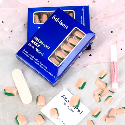 Green French Press On Nails Short Square 30pcs