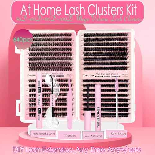 DAODER Thick Short DIY Lash Extension Kit 640pcs 50D 60D 80D 100D Mixed Volume 3D Cluster Eyelash Extensions Fluffy D Curl Individual Lashes Clusters with Lash Remover Bond Seal 9-13mm