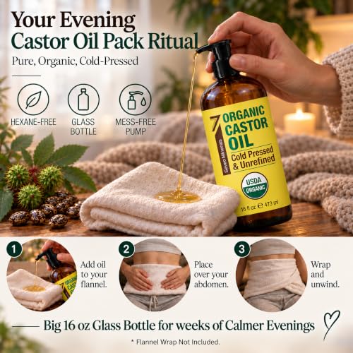 Seven Minerals USDA Organic Castor Oil 16 oz Glass Bottle with Pump – Cold Pressed, Hexane Free