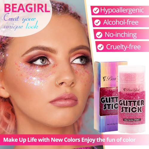 Beagirl Pink Body Glitter Stick for Women Kids,Body Shimmer Glitter Gel for Festival Art Party Halloween,Long Lasting Professional Cosmetic Glitter for Hair, Face, Clavicle, Arm, Nail, Eyeshadow