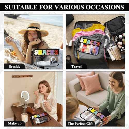 Snack Bag for Travel & Makeup - Clear Chenille Letter Zipper Pouch, Waterproof Cosmetic Tote Bag for Women & Girls (Black)