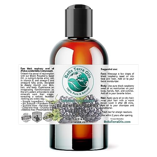 Bella Terra Oils - Black Raspberry Seed Oil 8 oz - Natural Elixir Enhanced with Ellagic Acid & Vitamin A, Cold-Pressed Cosmetic Secret for Radiant Skin