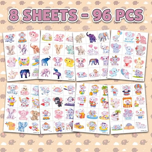 96 PCS Baby Elephant Temporary Tattoos for Kids Party