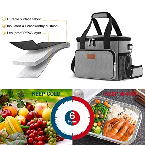 Femuar Lunch Bags for Women/Men, Insulated Lunch Bag for Work Office Picnic - Large Lunch Cooler Bag Leakproof Lunch Box with Adjustable Shoulder Strap for Adults - Grey (15L)