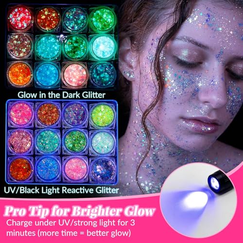 12 Colors Glow in The Dark Glitter Gel - UV Body Face Makeup