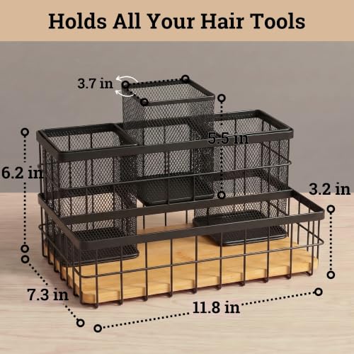 HB Design Co. Black Breathable Metal & Bamboo Hair Tool Organizer - Heat-Resistant Countertop Storage for Hair Dryers, Straighteners & Curling Irons
