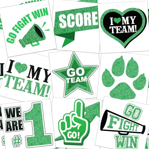Colarr 180 Pcs Green and Black Team Spirit Temporary Tattoo 2", 1.5" Face Body Paw Go Team Cheer Tattoo Removable Glitter School Spirit Stickers for Classroom Cheerleading Football Sports Games