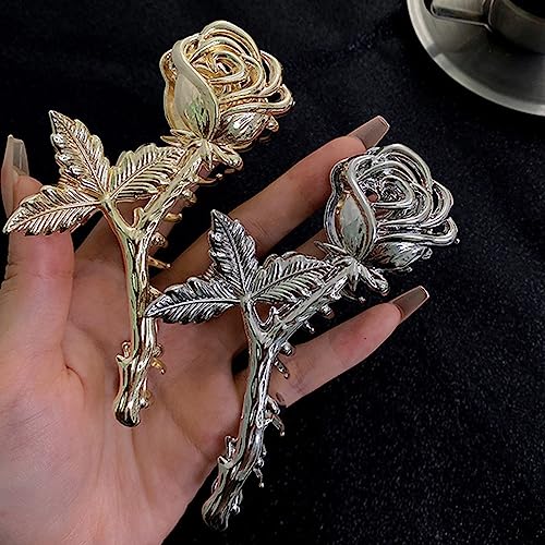 YKZFUI Rose Hair Claw Clips, 2Pcs Large Non-Slip Strong Metal Rose Flower Hair Clips for Women Thick or Thin Hair Decor