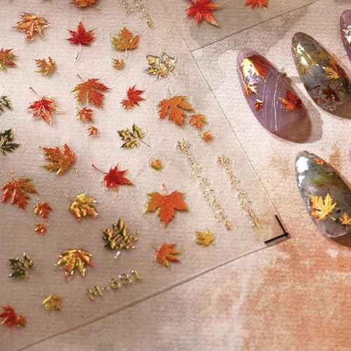 Fall Maple Leaves Nail Decals for Nail Art Embossed Autumn Leaf Nail Stickers Bronzing Maple Leaf Nail Art Stickers 5D Self-Adhesive Thanksgiving Nail Decoration Supplies for Women Girls 1 Sheets