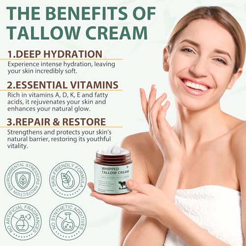 Beef Tallow for Skin, Tallow Face Moisturizer, Tallow and Honey Balm, Organic Grass-Fed Whipped Beef Tallow and Honey Cream, Deeply Moisturizing for Face & Body, Suitable for Dry & Aging Skin,4.2 oz