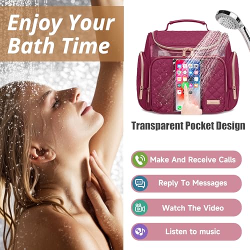 Tealari Wine Red Large Toiletry Bag for Travel, Water-Resistant Shower Caddy with Transparent Phone Pocket