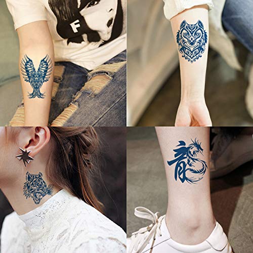 6 Sheets Semi Permanent Tattoo Long Lasts 1-2 Weeks Temporary Tattoo Animal Totem Cat Bird Wolf Owl Tiger Dragon, Realistic Look, No Adhesive, No Reflection Adult Body Art Stickers