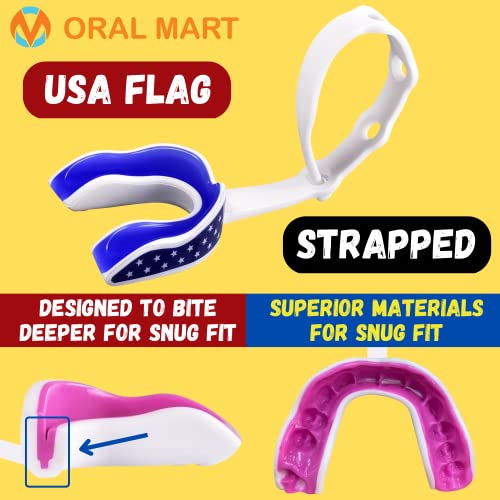 Oral Mart USA Flag Strapped Youth Mouth Guard for Kids - American Flag Sports Mouthguard with Connected Strap for Ice Hockey, Football, Lacrosse, Taekwondo