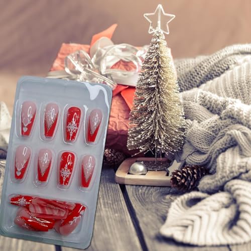 24Pcs Christmas Press on Nails Fake Nails with French Snowflake Design Red and White Coffin False Nails Xmas Snowflakes Manicure Acrylic Artificial Full Nail Tips for Women Glitter Nail Art Decoration