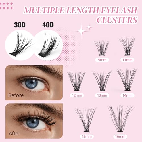 PITHER DIY Lash Extension Kit, Eyelash Extension Kit 280PCS 30D 40D Mix 9-16mm Individual Lash Clusters Kit with Applicator Bond and Seal Lash Glue Lash Extension Remover Tweezer