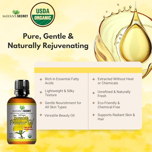 Evening Primrose Oil USDA Certified Organic/Natural/Undiluted/Unrefined/Cold Pressed Carrier Oil. Rejuvenate and moisturize The Skin and Hair