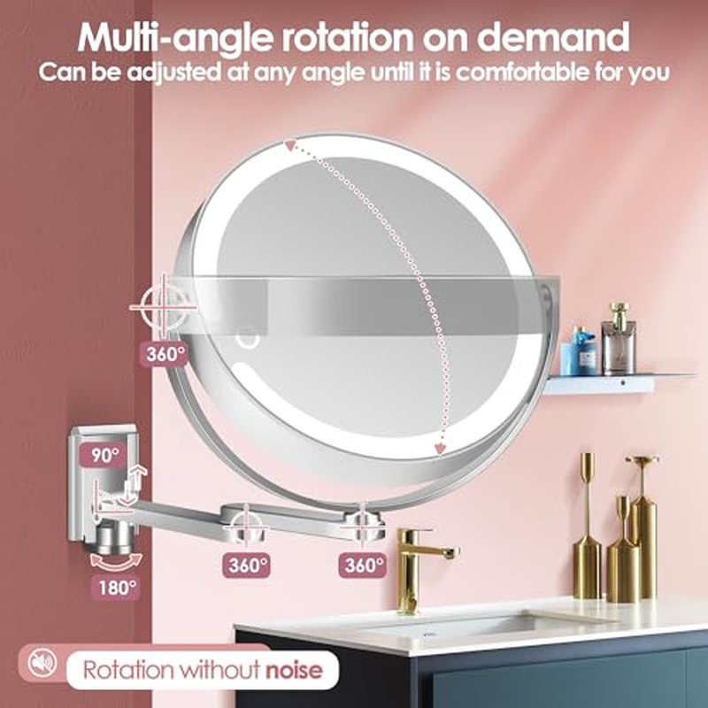 1X/20X Rechargeable Wall Mounted Lighted Makeup Mirror, 8" Magnifying Mirror with 3 Color Dimmable Lights for Bathroom, Built in 2000mAh Battery, 360¡Æ Rotation Vanity Mirror Extendable Arm
